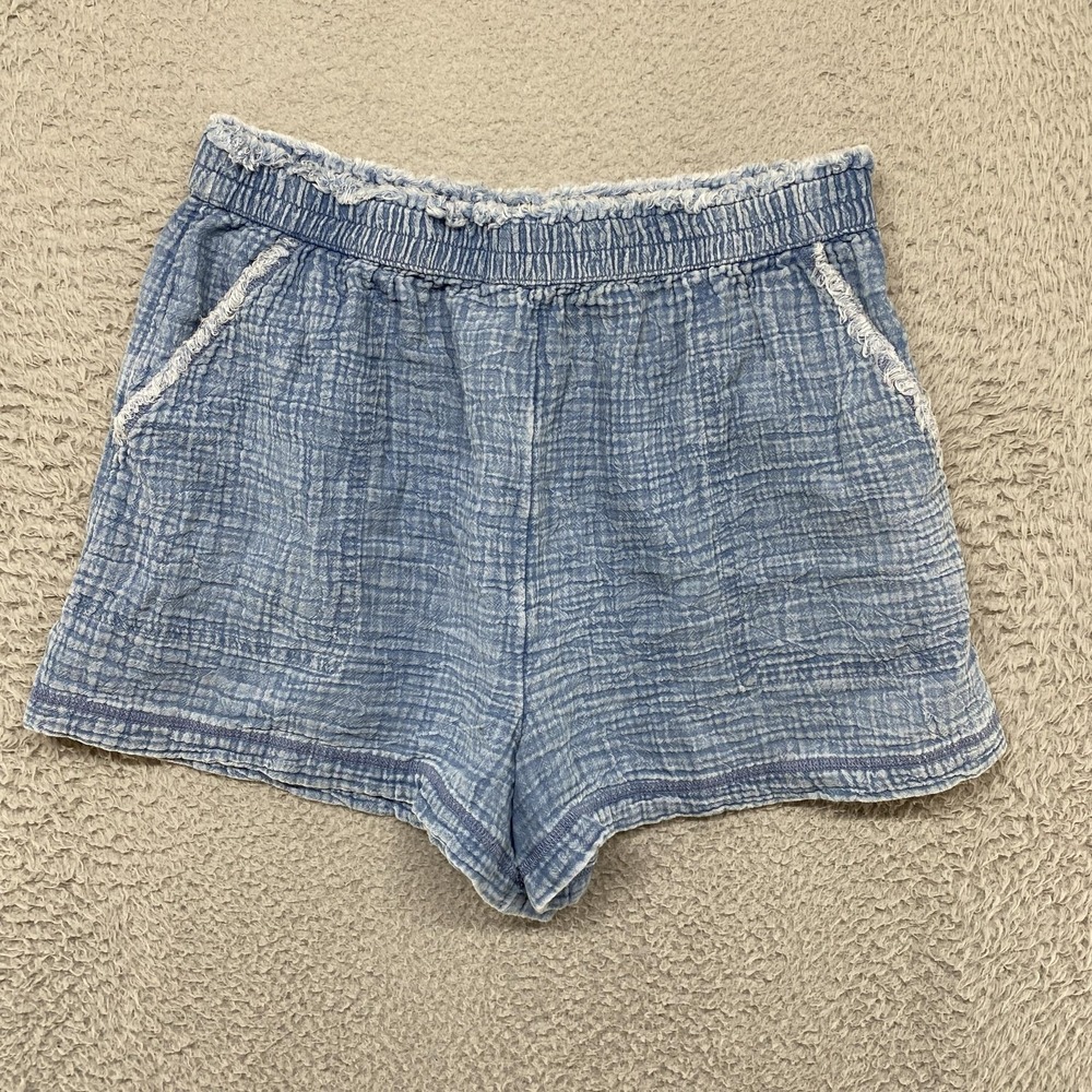 Aerie Gauze Cotton Shorts Womens Large Blue Fringe Elastic Waist Lounge Coastal